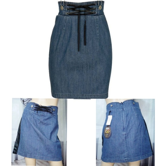 High waist denim jean corset leather panel skirt - Picture 2 of 6